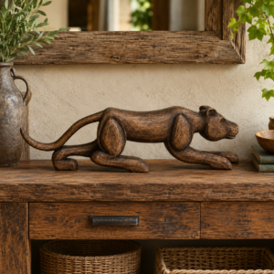 ESCULTURA FELINA EM MADEIRA